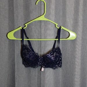 Victoria Secret Navy Blue Lace Metallic Silver Floral Demi Bra 34 C